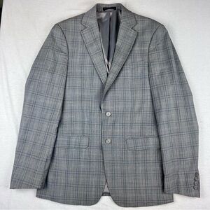 As Is- Calvin Klein Grey Blue Plaid Men’s Sports Coat Blazer 38R (Chipped Button
